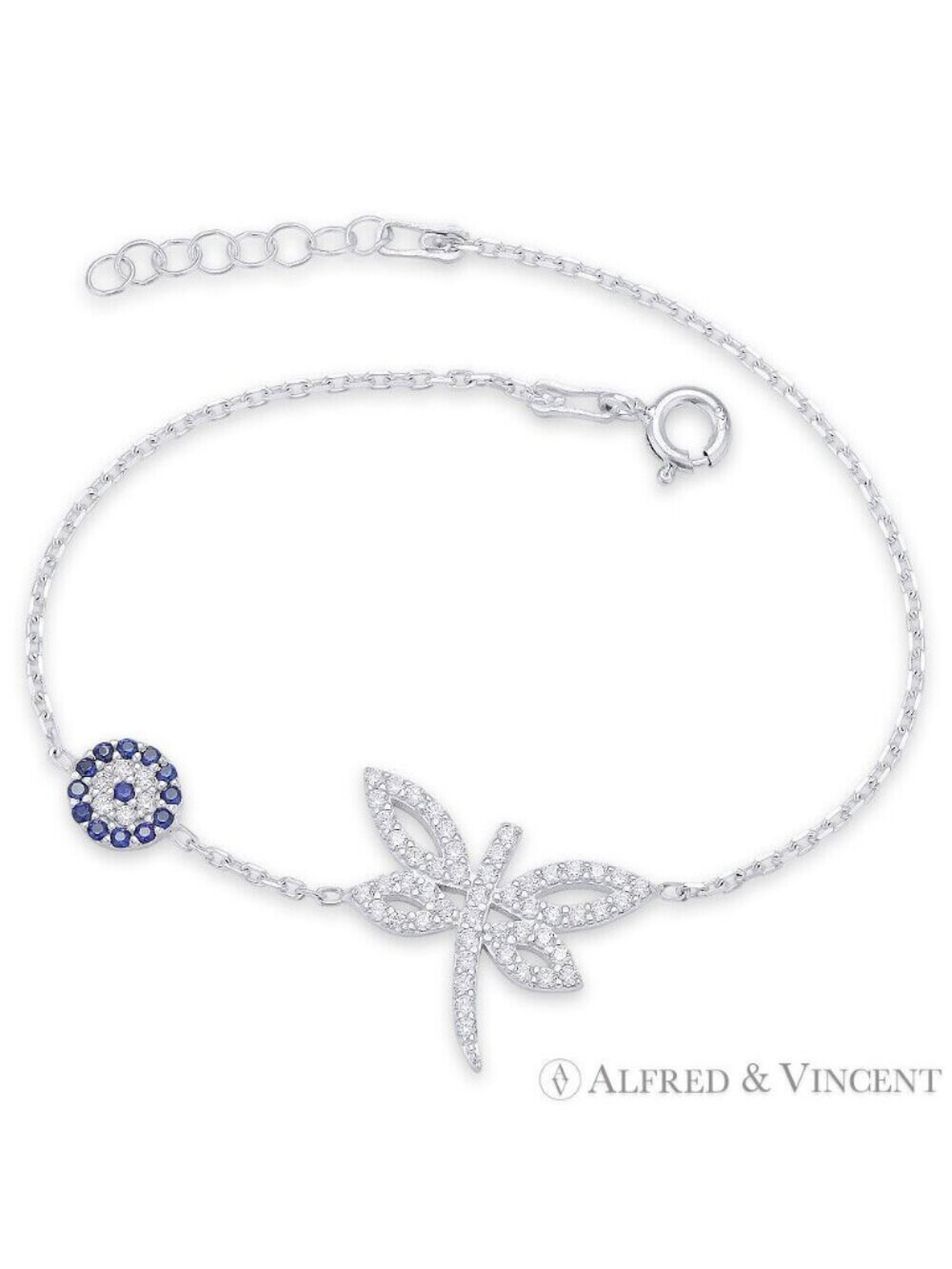 Dragonfly & Evil Eye Nazar Charm Bracelet CZ Crystals in .925 Sterling Silver